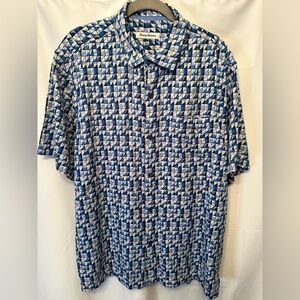 Tommy Bahama Men’s XL 100% Silk Blue Geometric Hawaiian Short Sleeve Camp Shirt